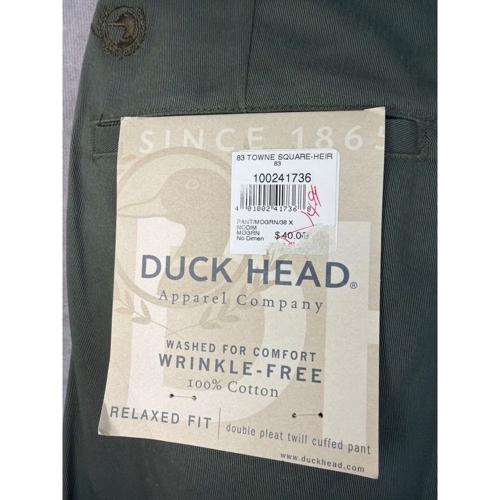 Duck Head Twill Pants Mens 38x32 Moss Green Double Pleat Cuffed Relaxed Fit NEW - Picture 6 of 6